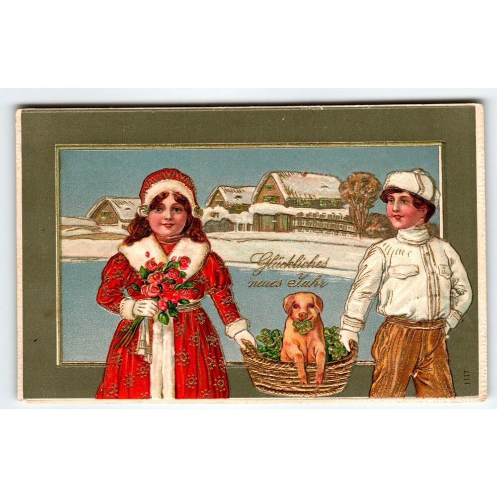 New Year Postcard Children Hold Puppy Dog In Basket Otto Schloss 1117 Embossed